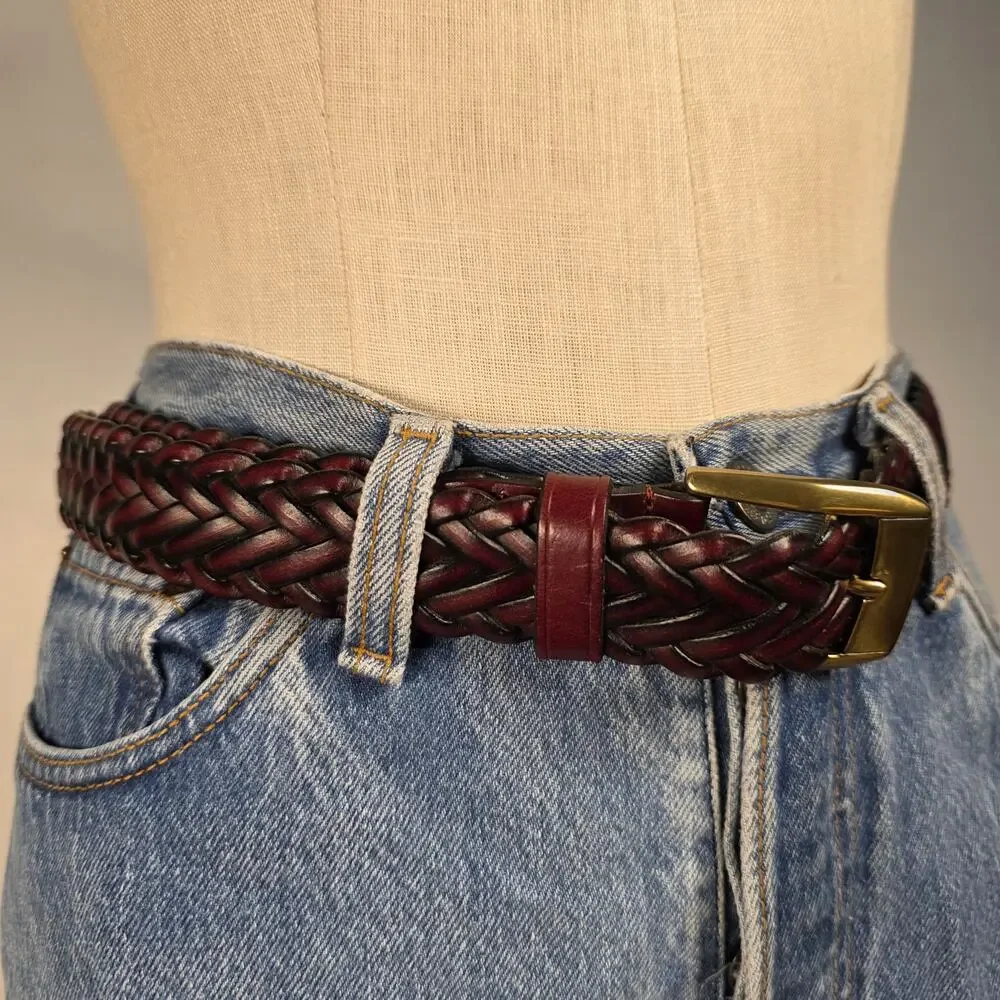 Burgundy Braided Belt Gold Tone Buckle Boho Western Size Large